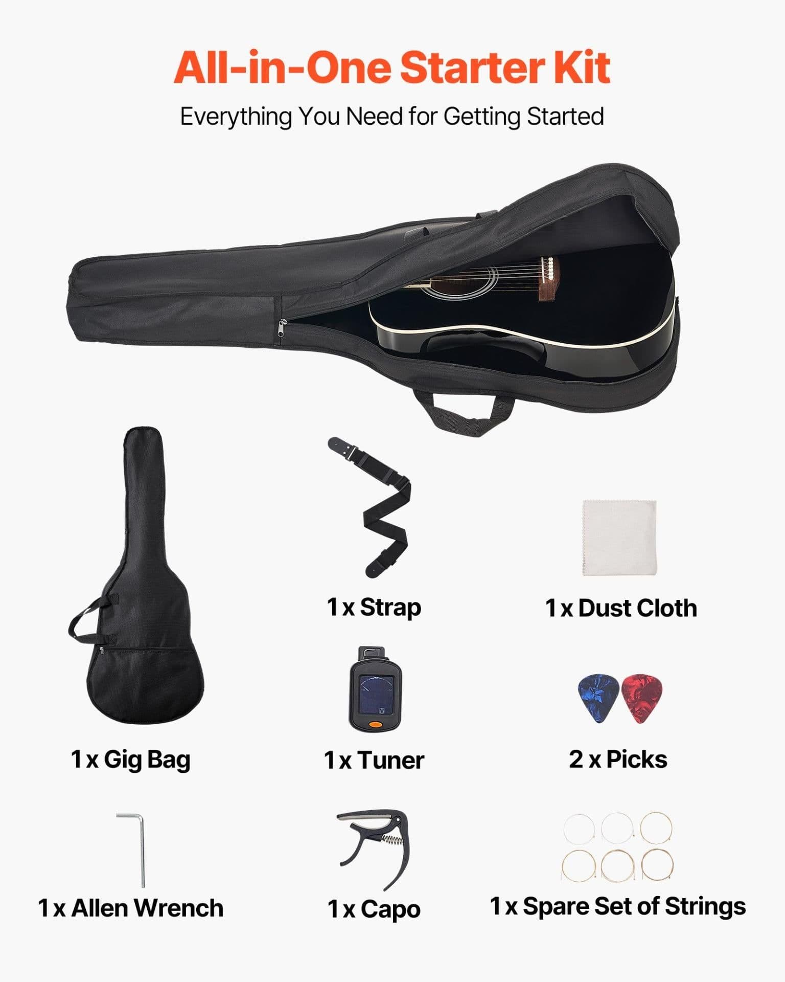 image-VEVOR Dreadnought Acoustic Guitar, 41 in, 6-String Black Solid Spruce Top Guitar, Beginner Bundle with Gig Bag, Tuner, Strap, Steel Strings, Picks, Capo, Rosewood Fingerboard, for Adult Taller Player