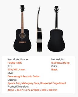image-VEVOR Dreadnought Acoustic Guitar, 41 in, 6-String Black Solid Spruce Top Guitar, Beginner Bundle with Gig Bag, Tuner, Strap, Steel Strings, Picks, Capo, Rosewood Fingerboard, for Adult Taller Player