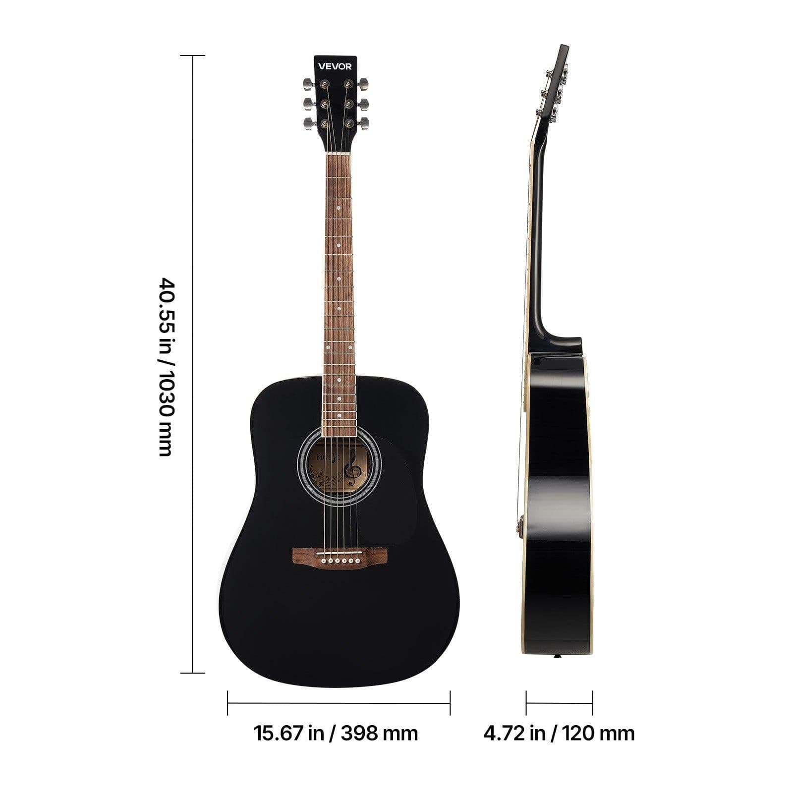 image-VEVOR Dreadnought Acoustic Guitar, 41 in, 6-String Black Solid Spruce Top Guitar, Beginner Bundle with Gig Bag, Tuner, Strap, Steel Strings, Picks, Capo, Rosewood Fingerboard, for Adult Taller Player