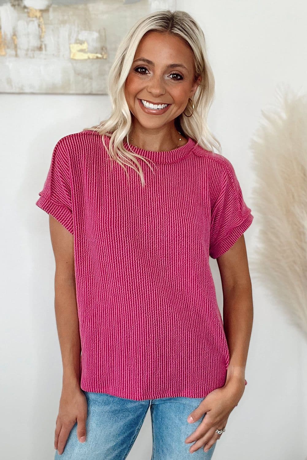 image-Medium Grey Textured Knit T-shirt with Exposed Stitching