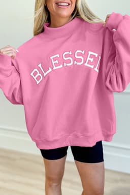 image-Light Pink Blessed Embroidered Mock Neck Sweatshirt