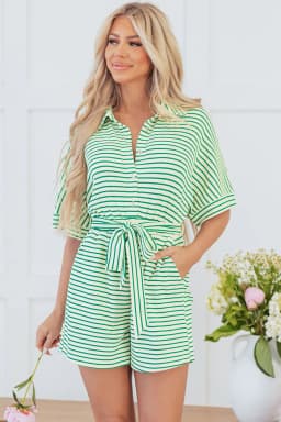 image-Striped Textured Short Sleeve Romper - Modern Green Design (60 Characters)