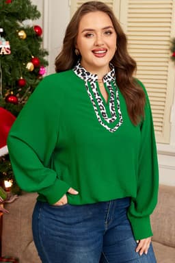 image-Green Plus Size Leopard Trim Split Neck Puff Sleeve Blouse