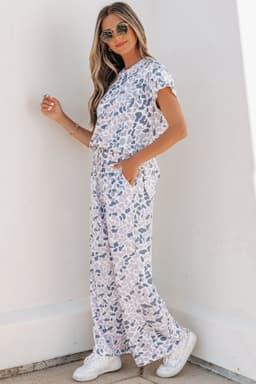 image-Beige Camouflage Print Twisted Rib Loose Tee Drawstring Pants Set