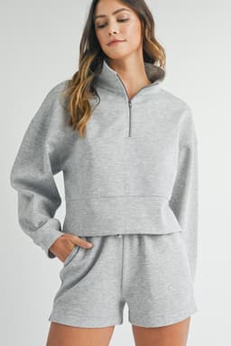 image-Light Grey Zipped Sweatshirt and Shorts Set - Two-Piece Trendy Outfit