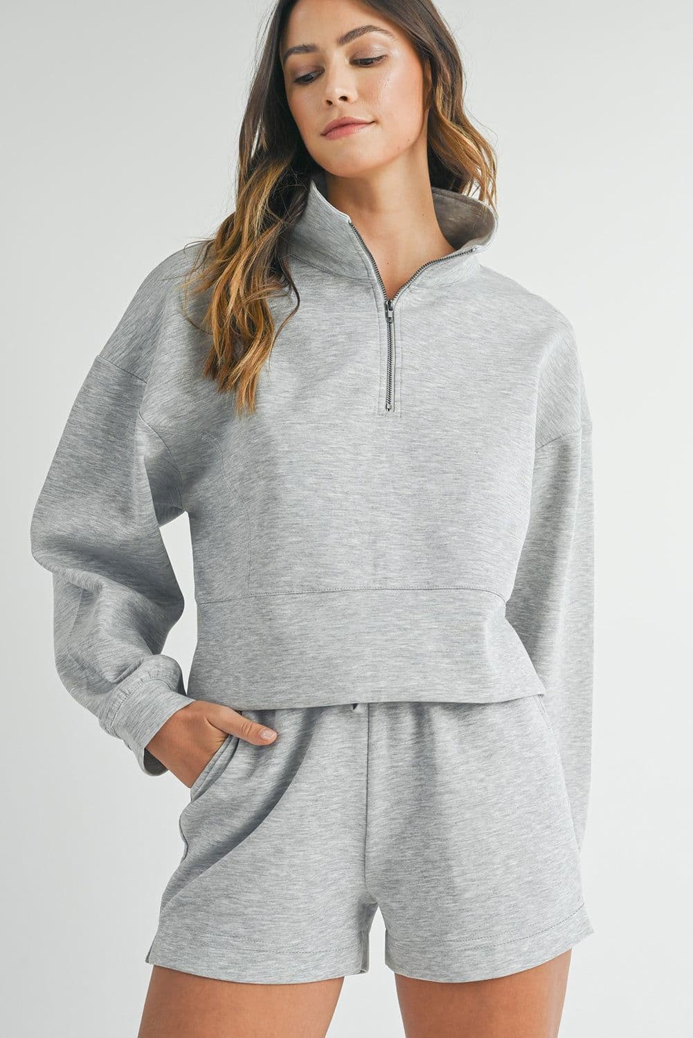 image-Light Grey Zipped Sweatshirt and Shorts Set - Two-Piece Trendy Outfit
