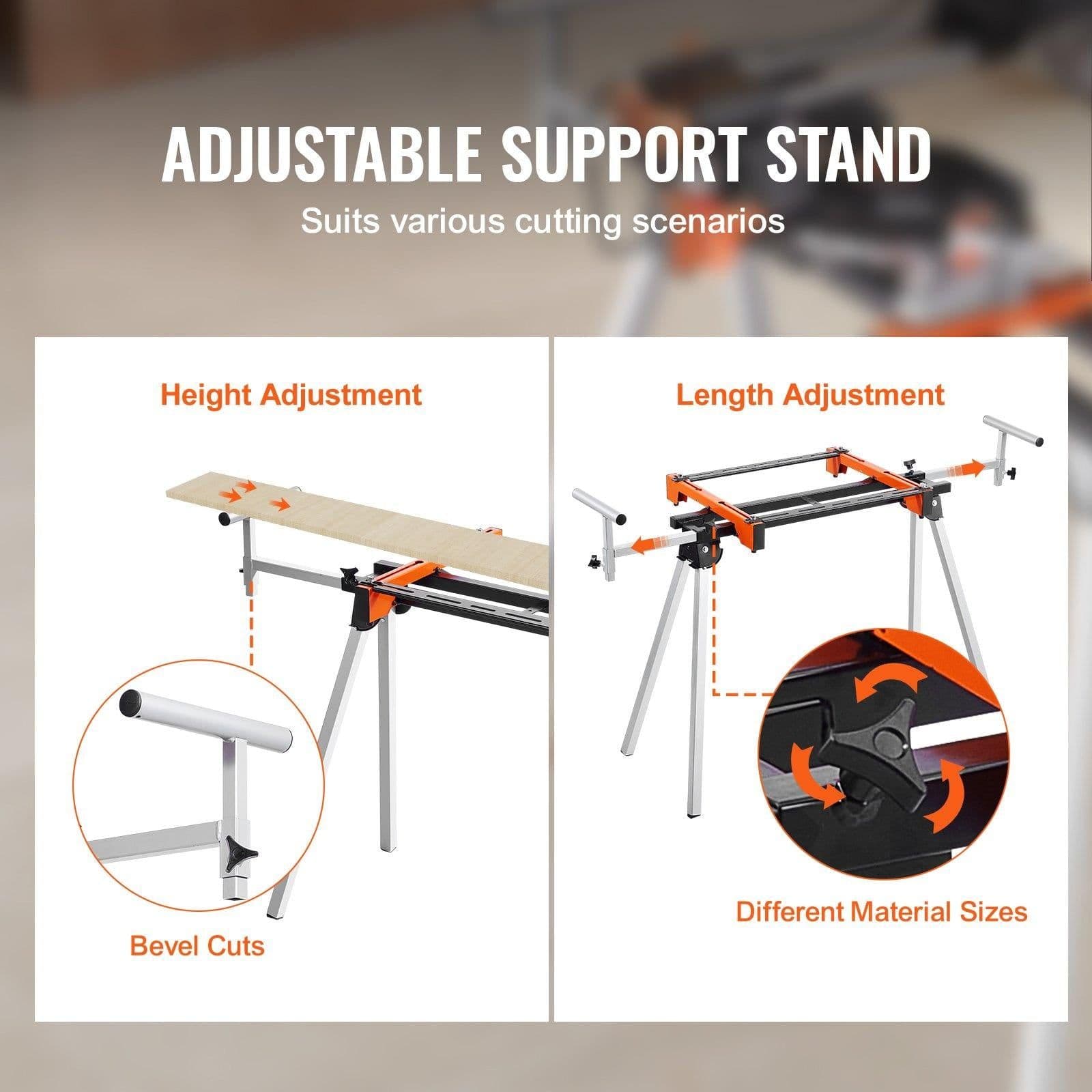 image-VEVOR Support pour Scie à Onglet Universel Capacité de Charge 136,1 kg, Piètement pour Scie Pliable en Acier, Hauteur et Longueur Réglables, avec Supports de Montage Monobloc, Portable et Compact