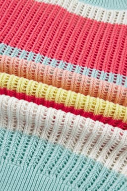 image-Green Stripe Color Block Hollow Out Knit Short Sleeve Sweater
