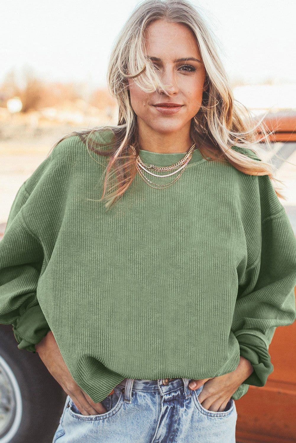image-Strawberry Pink Ribbed Corded Oversized Sweatshirt