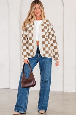 image-Brown Checkered Sherpa Jacket - Buttoned Front