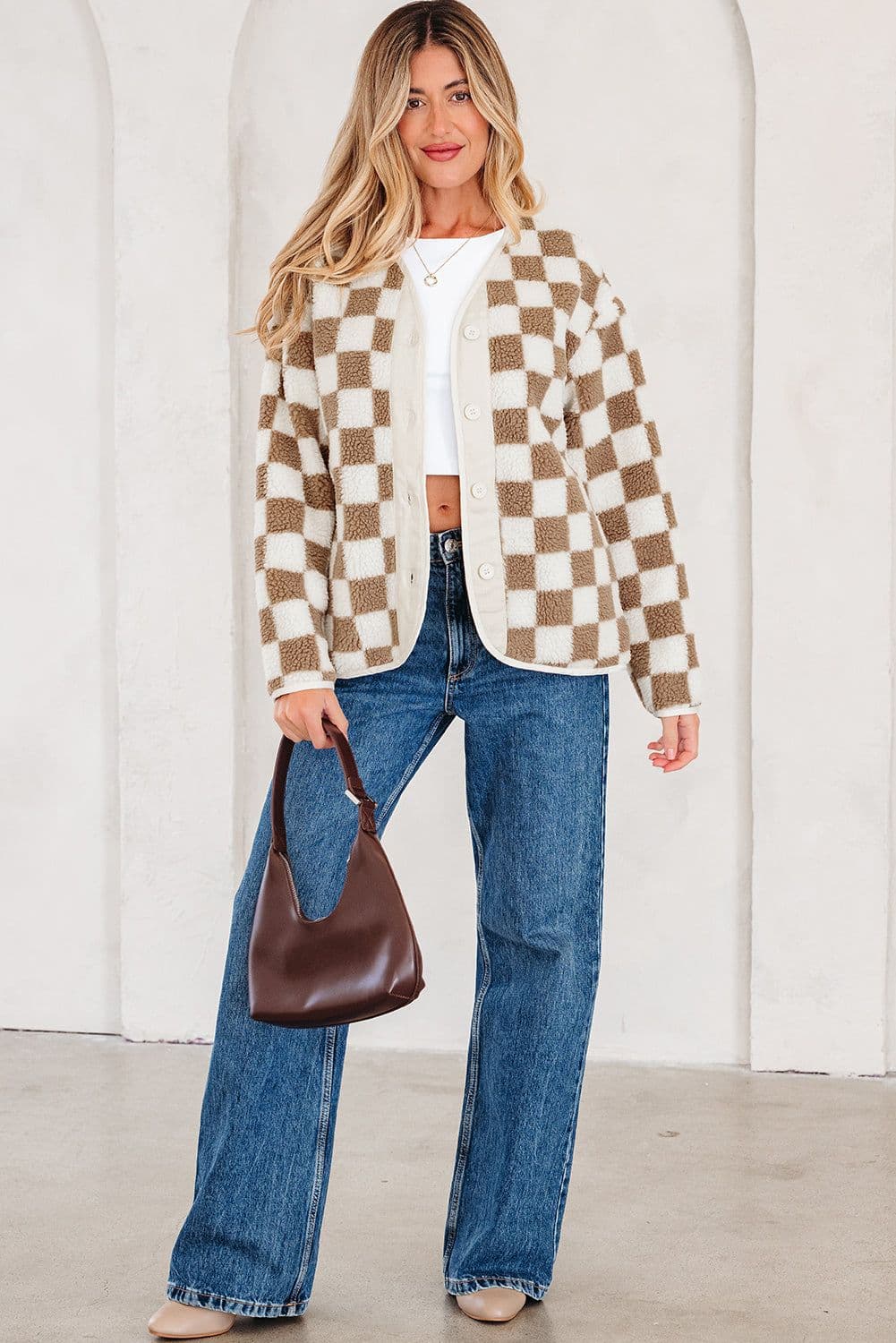 image-Brown Checkered Sherpa Jacket - Buttoned Front