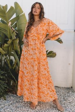 image-Orange Floral Smocked V Neck Maxi Dress Wide Sleeve