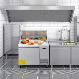 image-VEVOR Commercial Refrigerator, 44" W Pizza Prep Refrigerated Table, 20" Ultra Wide Countertop Food Prep Worktable, 11 Cu.Ft Single Door Salad Prep Fridge, 6 Pans Pizza Make Worktop with Cutting Board