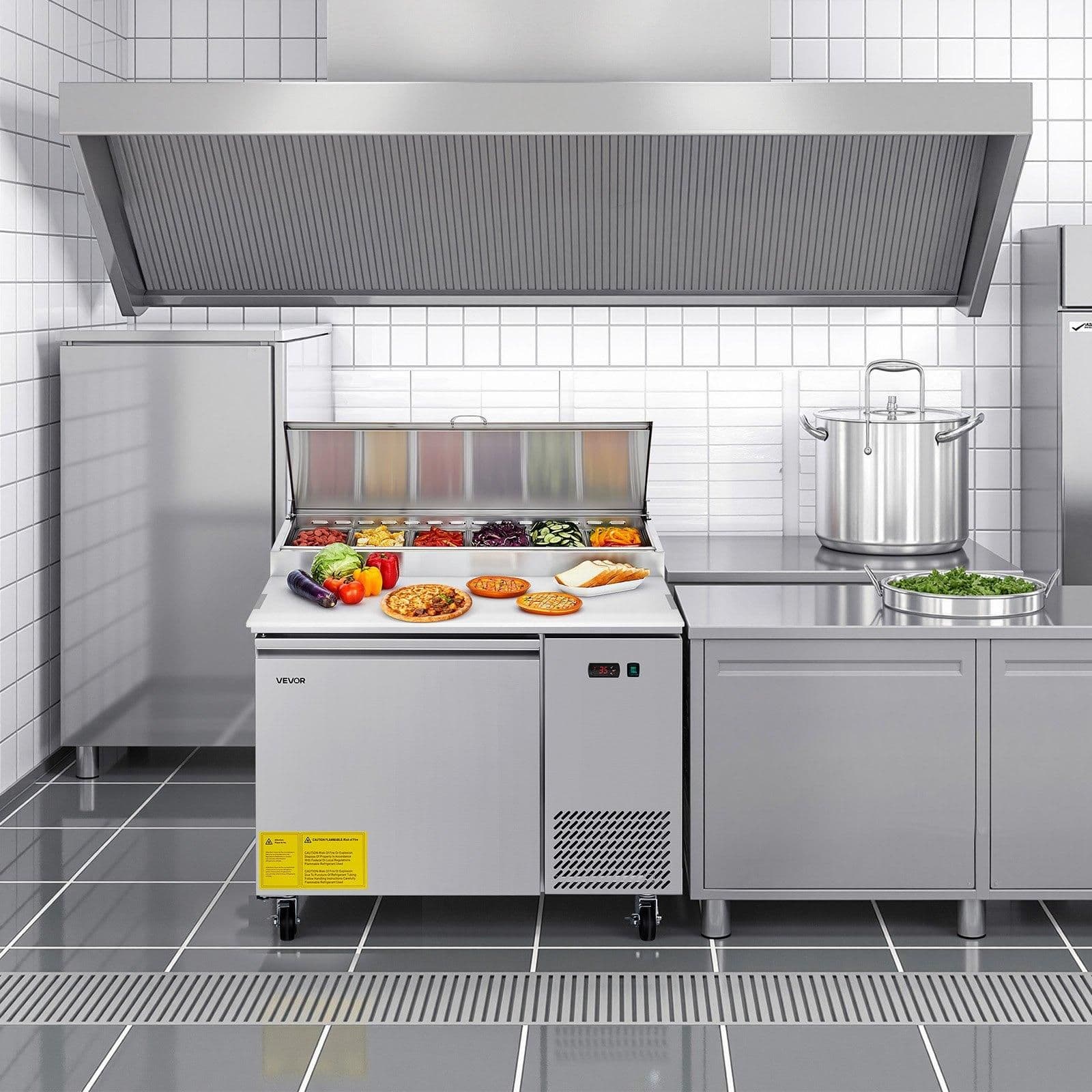 image-VEVOR Commercial Refrigerator, 44" W Pizza Prep Refrigerated Table, 20" Ultra Wide Countertop Food Prep Worktable, 11 Cu.Ft Single Door Salad Prep Fridge, 6 Pans Pizza Make Worktop with Cutting Board
