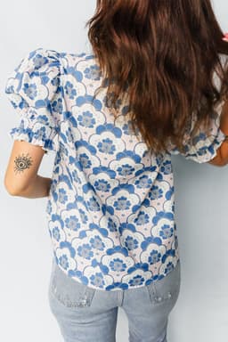 image-Sky Blue Floral Print Flounced Short Sleeve Contrast Trim V Neck Blouse