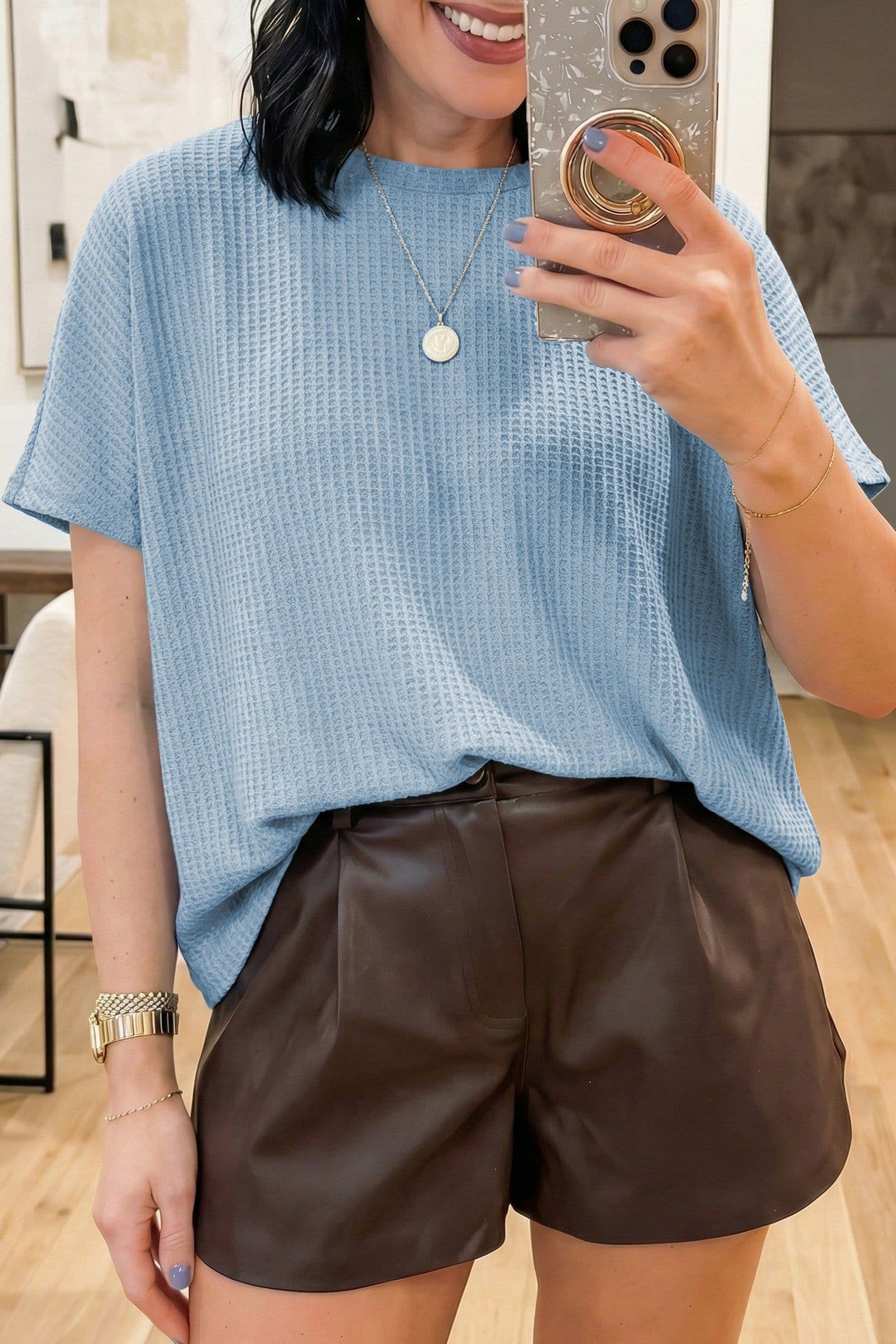 image-Sea Green Waffle Knit Dolman Top - Short Sleeve
