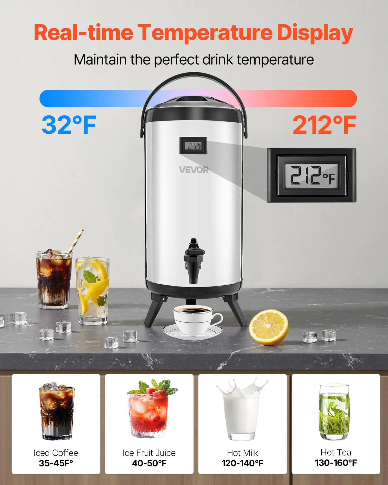 image-VEVOR Insulated Beverage Dispenser, 2.4 Gal/9.2L Stainless Steel Thermal Drink Server with Spigot & Temp Display, Suitable for Hot and Cold Drinks, for Tea Coffee Water in Cafes & Restaurants, Silver