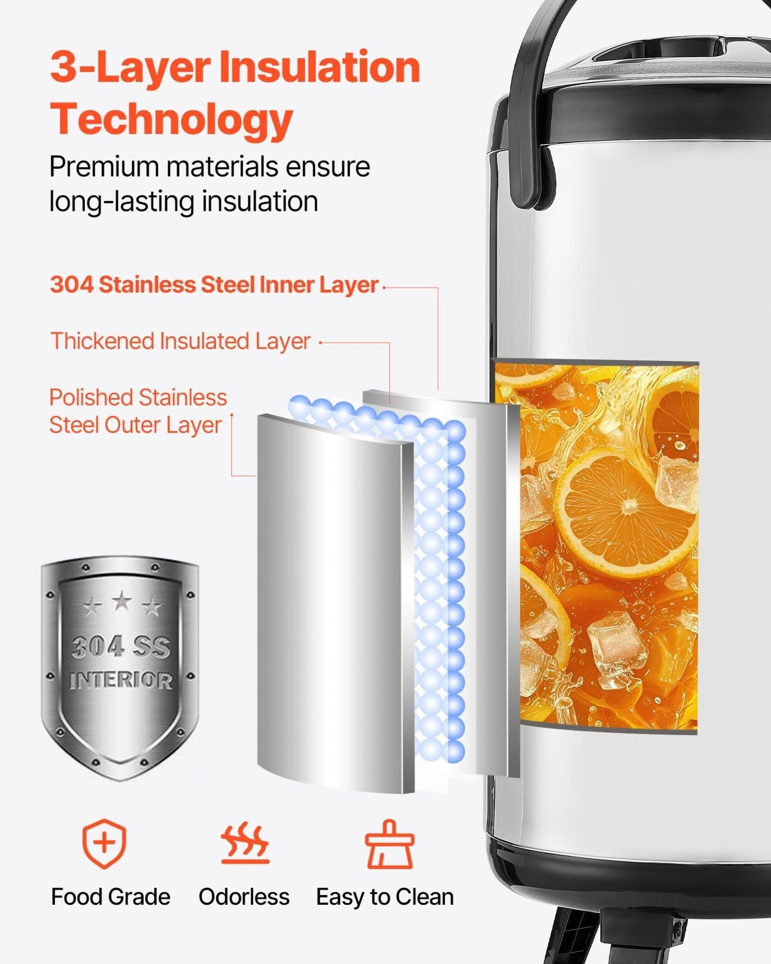 image-VEVOR Insulated Beverage Dispenser, 2.4 Gal/9.2L Stainless Steel Thermal Drink Server with Spigot & Temp Display, Suitable for Hot and Cold Drinks, for Tea Coffee Water in Cafes & Restaurants, Silver