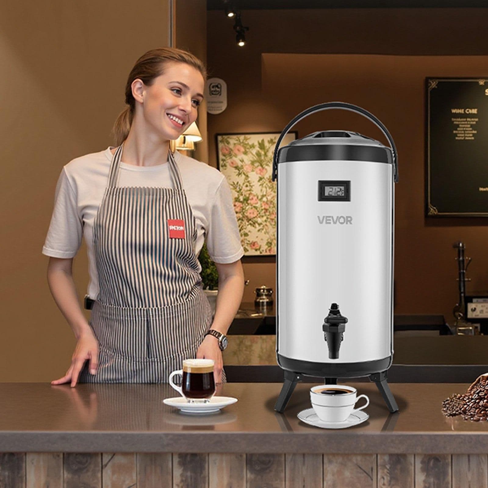 image-VEVOR Insulated Beverage Dispenser, 2.4 Gal/9.2L Stainless Steel Thermal Drink Server with Spigot & Temp Display, Suitable for Hot and Cold Drinks, for Tea Coffee Water in Cafes & Restaurants, Silver