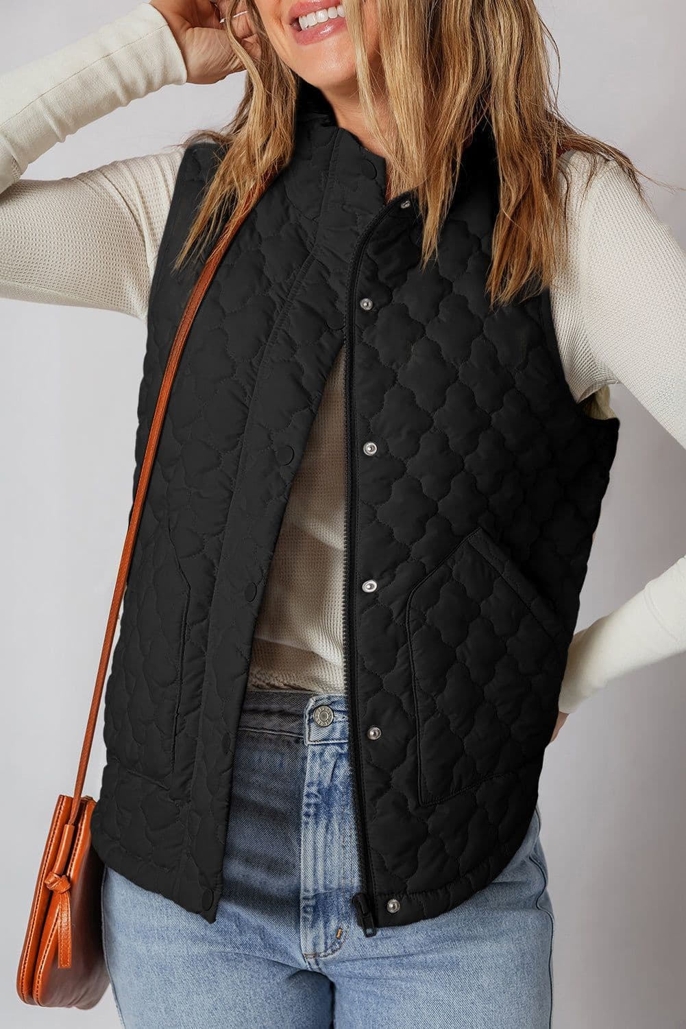 image-Wild Ginger Flower Shape Quilted Snap Button Zip Up Winter Vest
