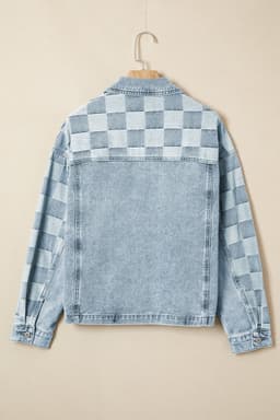 image-Beau Blue Denim Checkered Patchwork Jacket