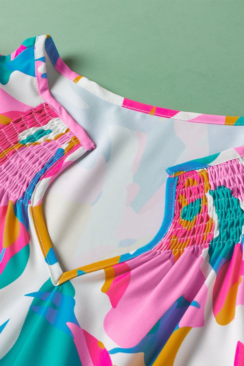 image-Abstract Print Notched Neck Flutter Sleeve Blouse - Multicolour