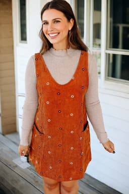 image-Gold Flame Flower Embroidered Corduroy Overall Mini Dress