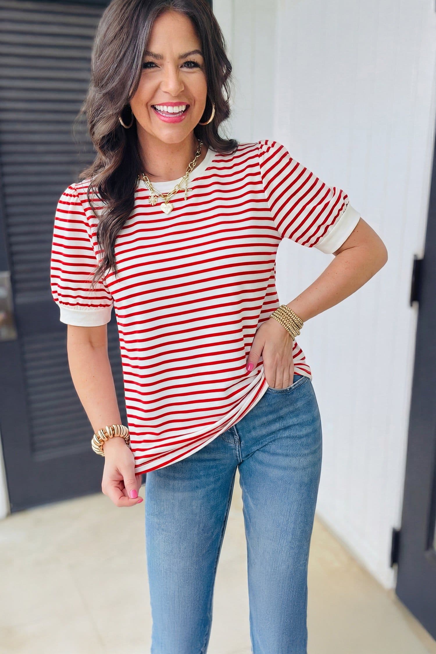 image-Red Stripe Contrast Trim Round Neck Short Puff Sleeve T Shirt