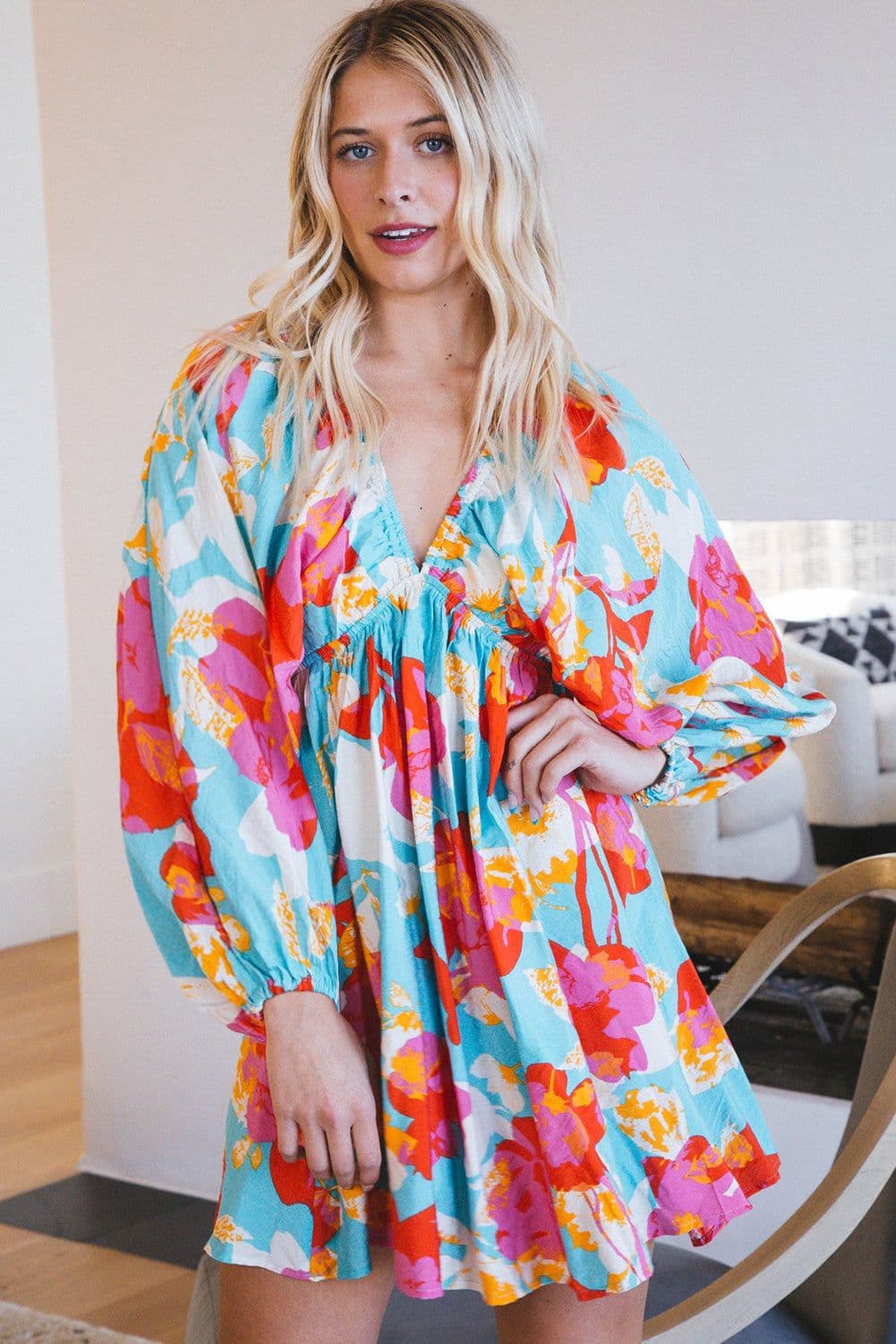 image-Sky Blue Floral Mini Dress - Empire Waist, Bracelet Sleeves, V-Neck