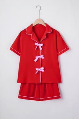 image-Fiery Red Contrast Trim Ribbon Bow Short Silky 2pcs Pajama Set