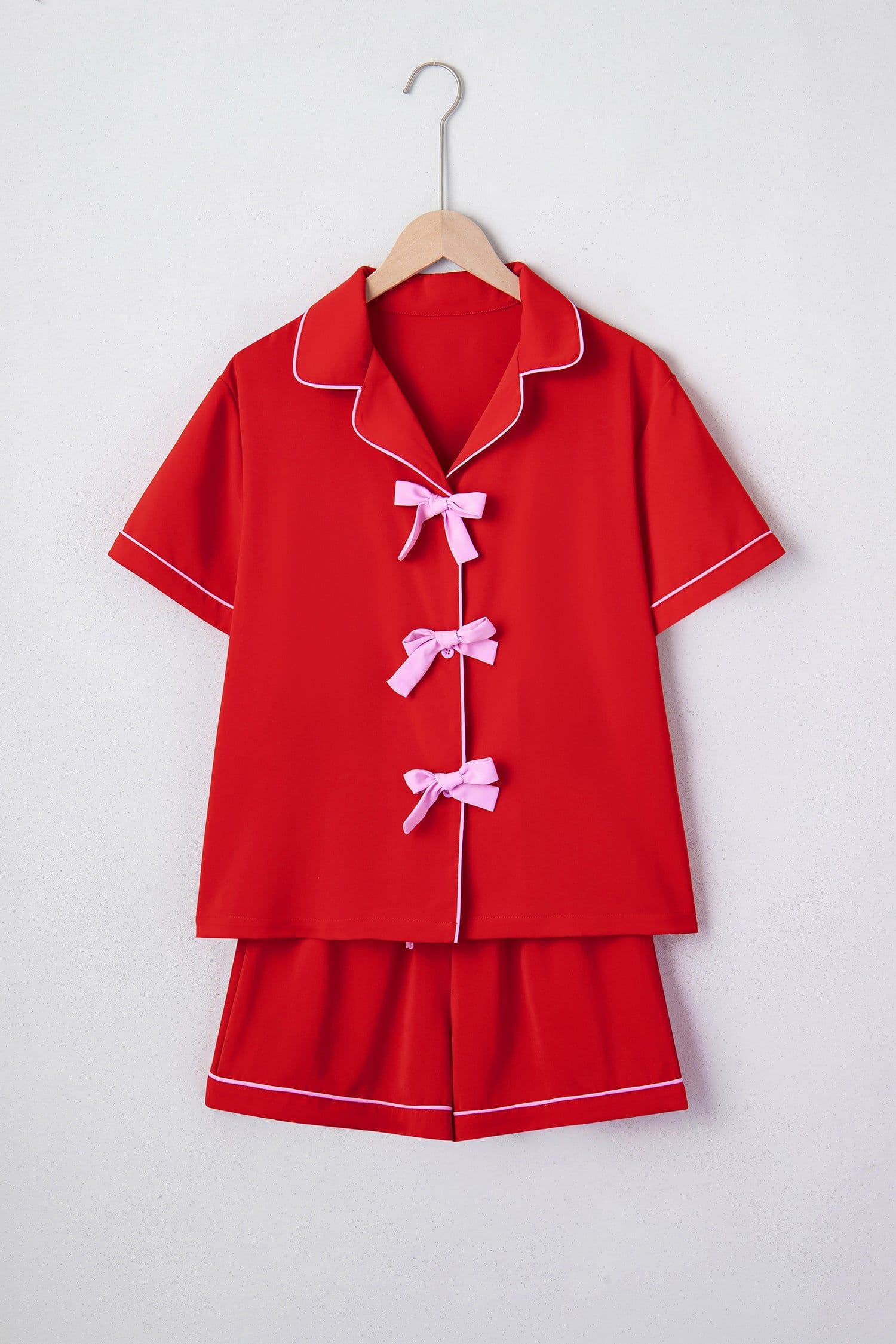 image-Fiery Red Contrast Trim Ribbon Bow Short Silky 2pcs Pajama Set