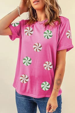 image-Sachet Pink Sequined Peppermint Christmas T Shirt