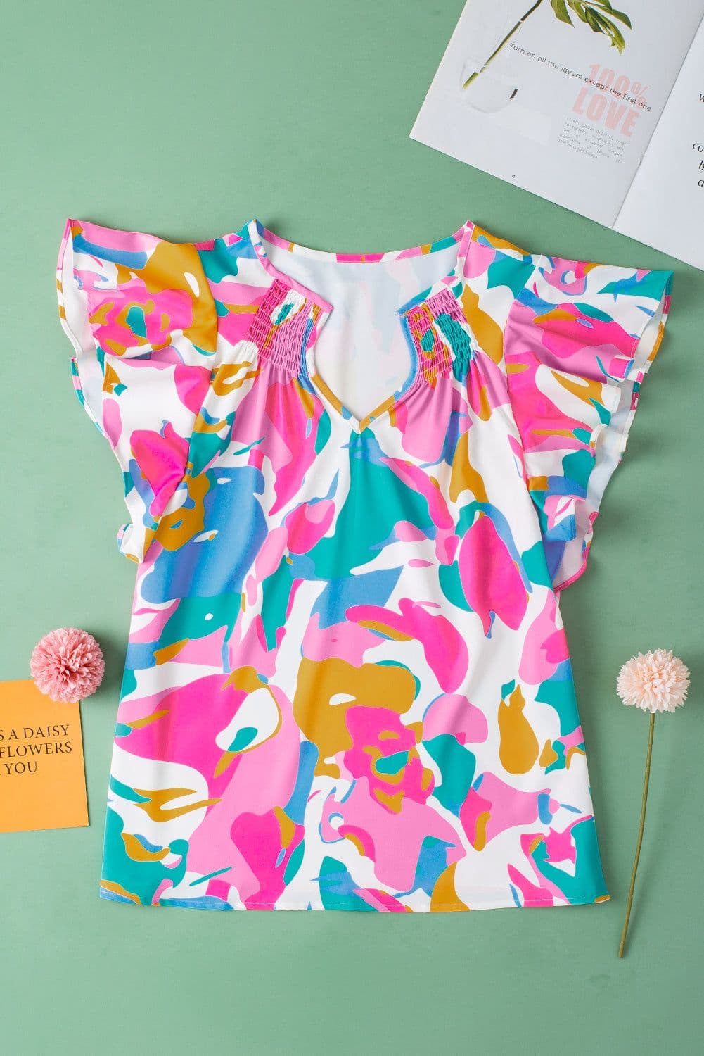 image-Abstract Print Notched Neck Flutter Sleeve Blouse - Multicolour