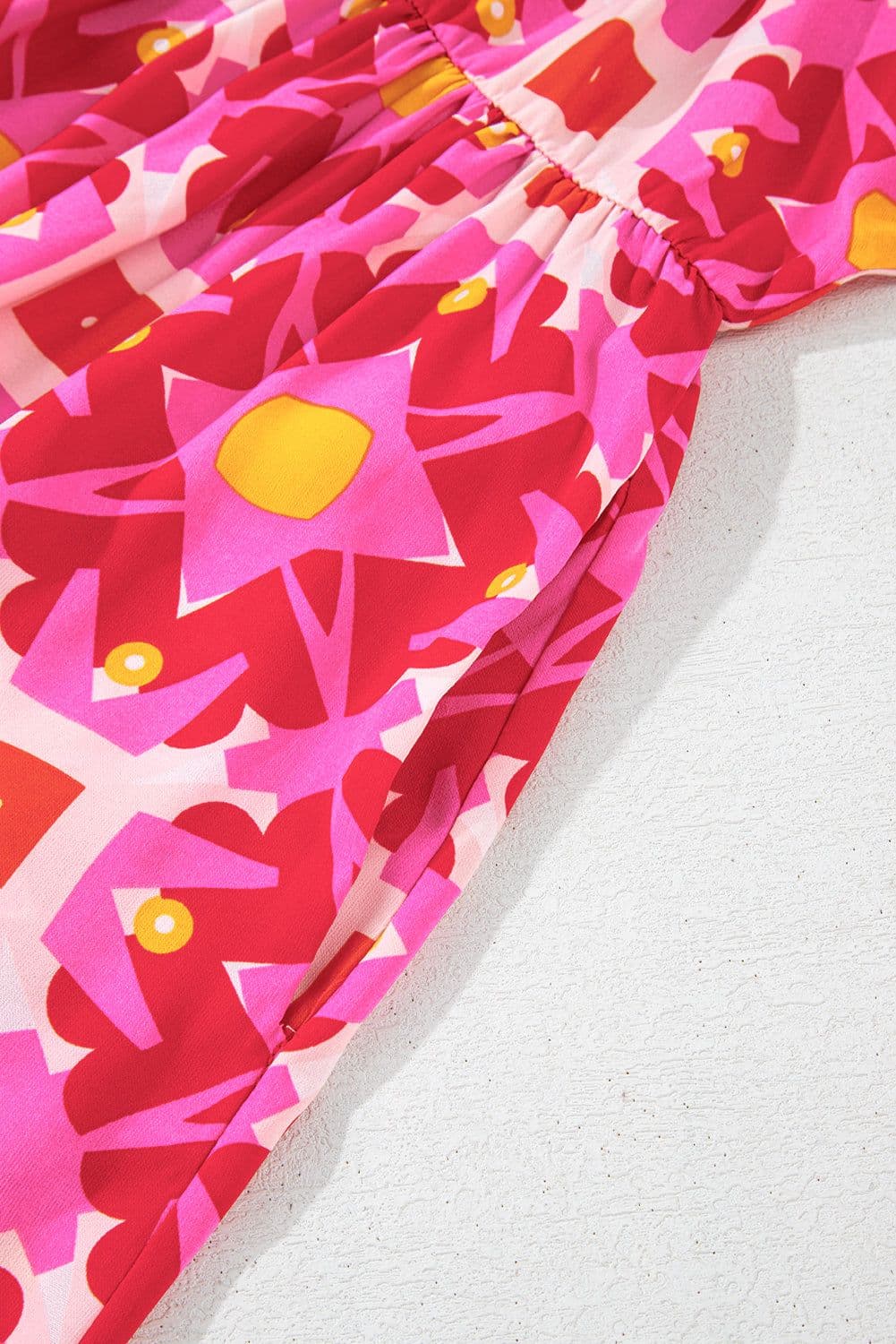 image-Strawberry Pink Geometric Print Smocked Long Sleeve Mini Dress
