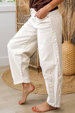 image-Khaki Stripe Casual Barrel Jeans - Striped Denim Pants