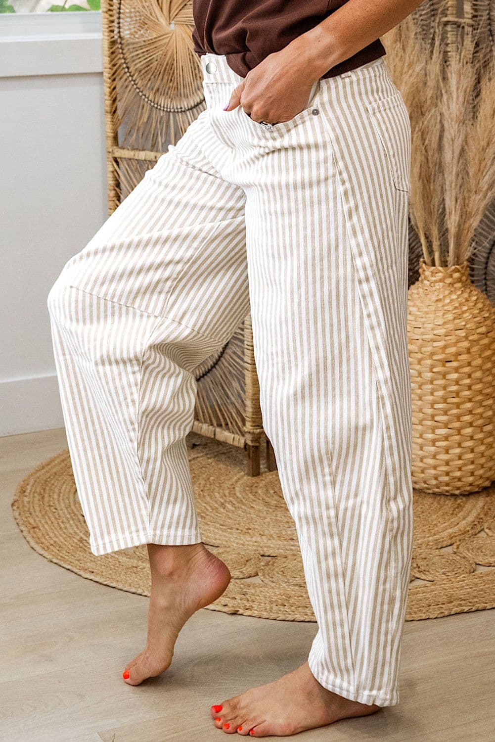 image-Khaki Stripe Casual Barrel Jeans - Striped Denim Pants
