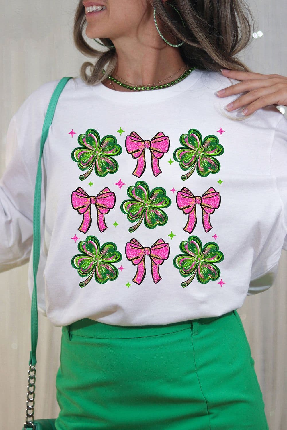 image-White St Patrick Shamrock Bowknot Crewneck Tee