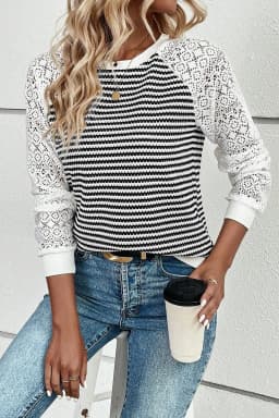 image-Black Stripe Knit Lace Patchwork Long Sleeve Top