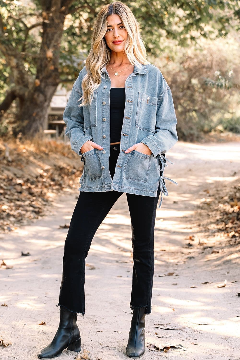 image-Beau Blue Patched Boyfriend Denim Jacket - Side Tie