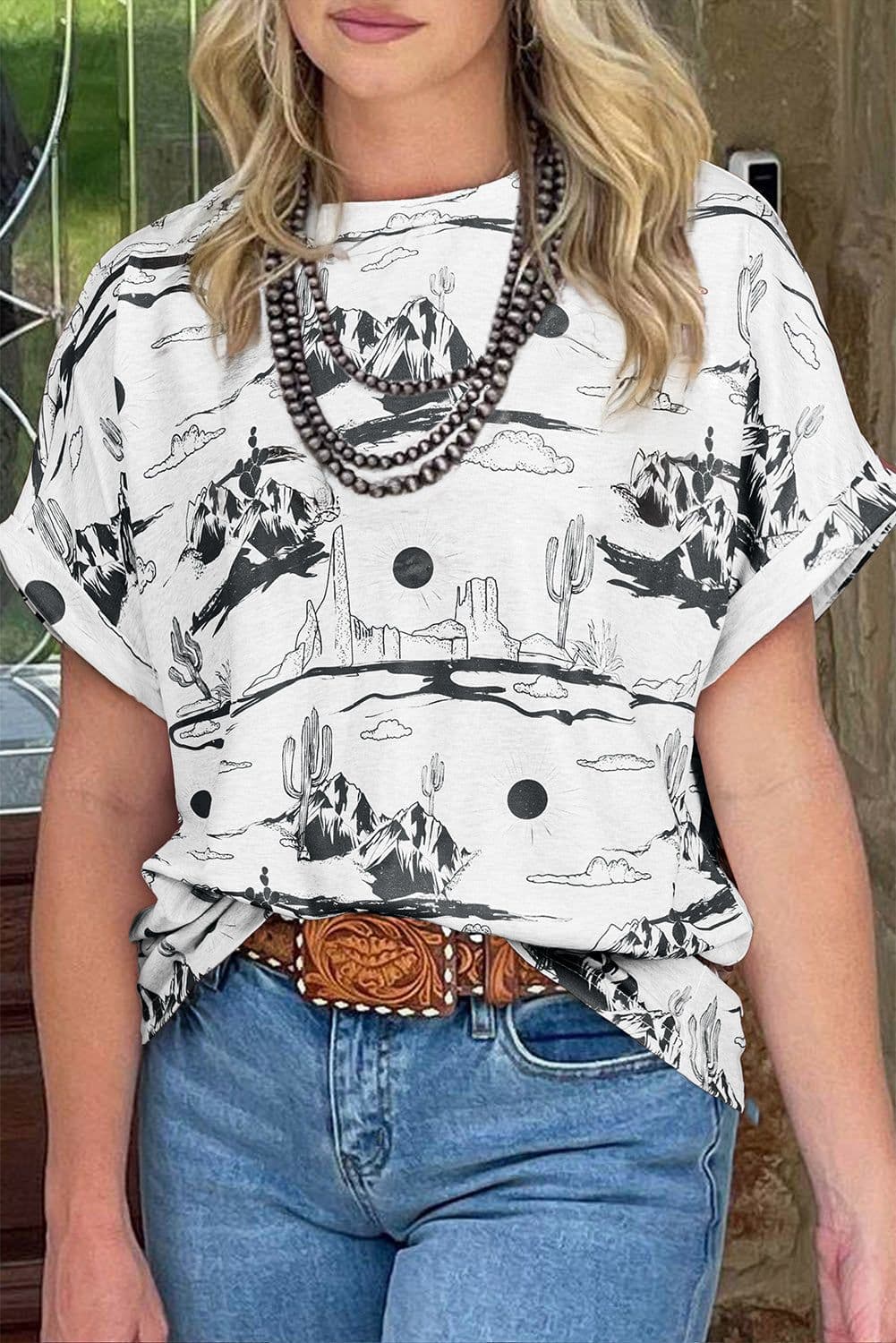 image-Chestnut Desert Sand Print Short Sleeve Knit Top