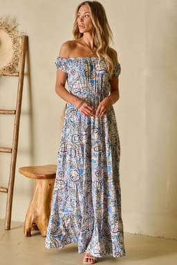 image-Blue Boho Paisley Print Off Shoulder Maxi Dress