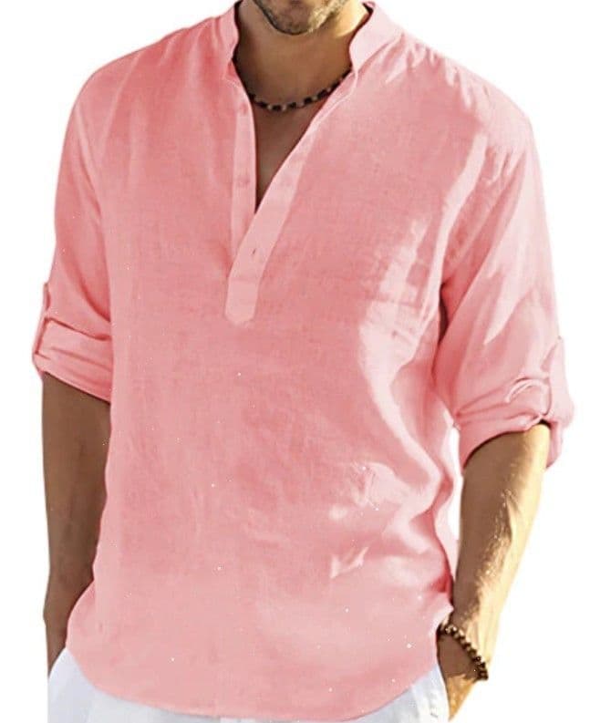 image-Men's Casual Cotton Linen Solid Color Long Sleeve Shirt Loose Stand Collar