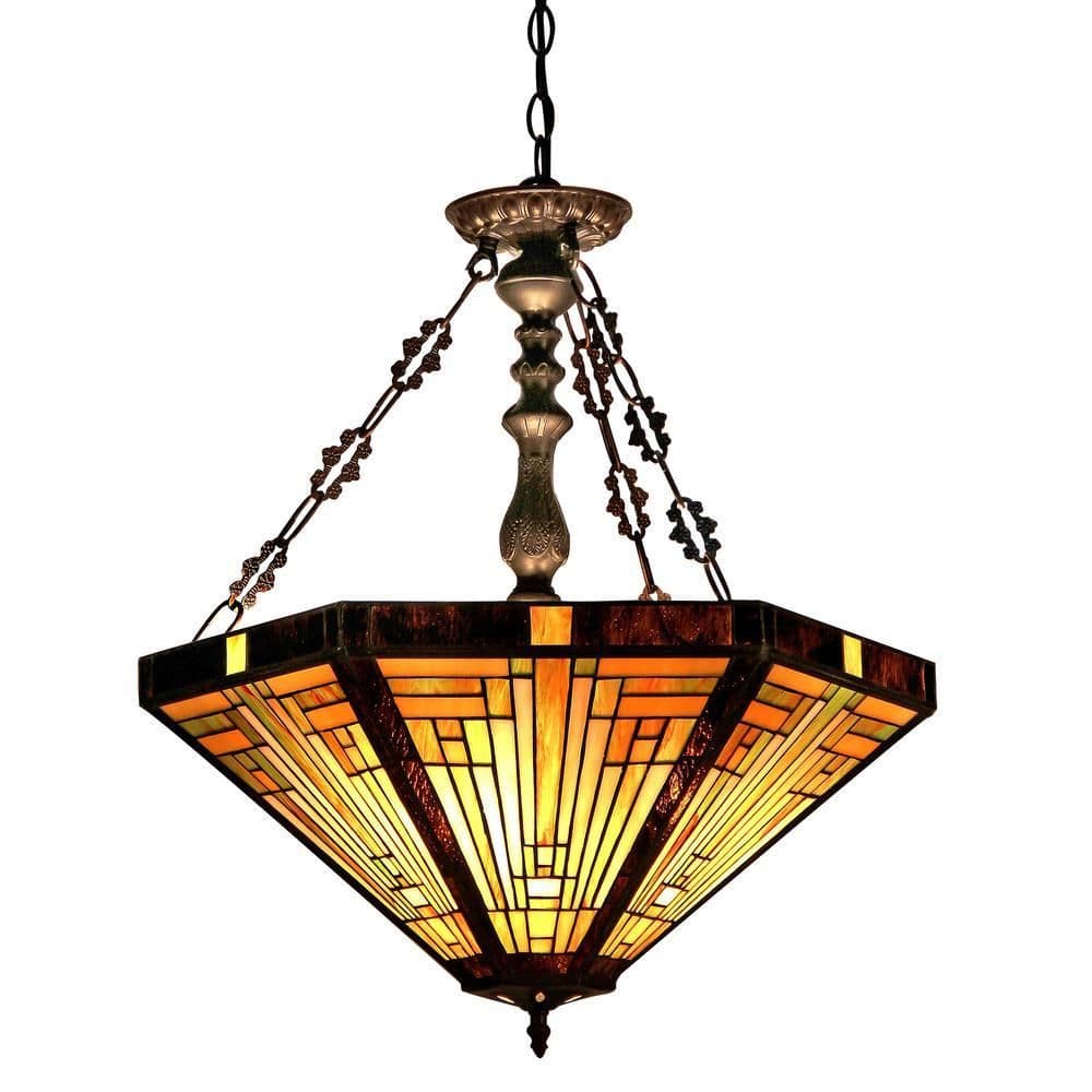 image-INNES Tiffany-style 3 Light Mission Inverted Ceiling Pendant Fixture 22" Shade