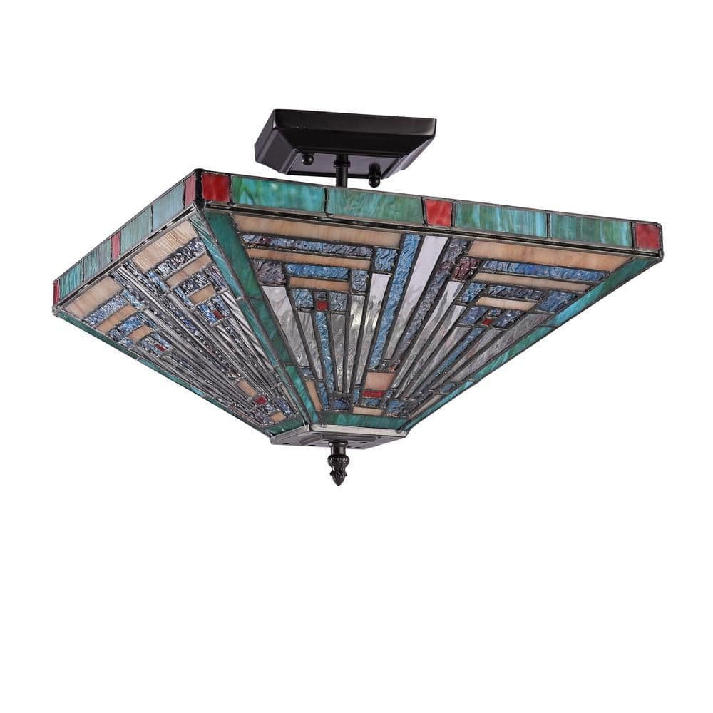 image-CHLOE Lighting INNES Tiffany-style Blackish Bronze 2 Light Mission Ceiling Fixture 14" Wide