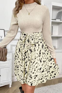 image-Ribbed Knit Patchwork A-line Dress - Beige