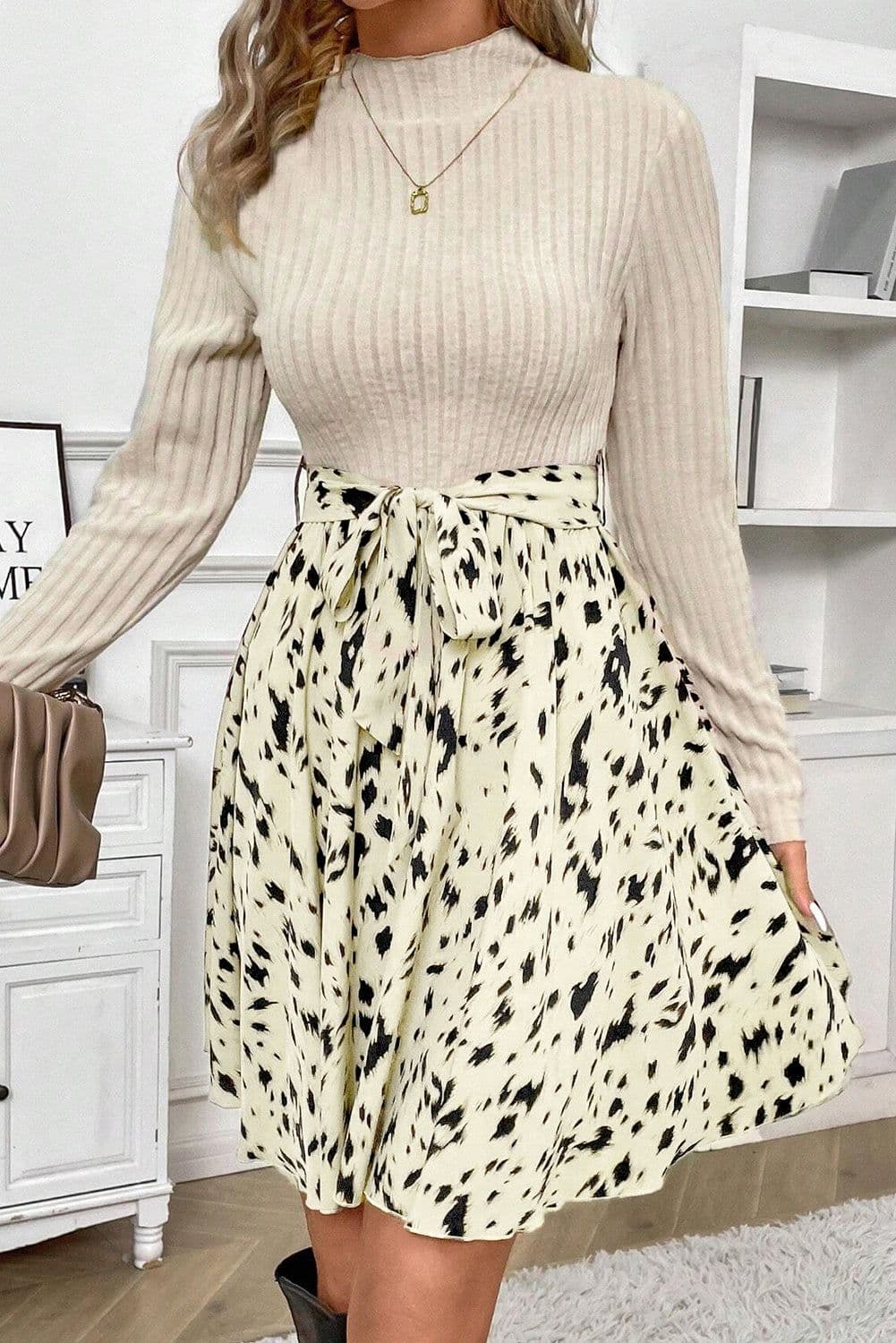 image-Ribbed Knit Patchwork A-line Dress - Beige