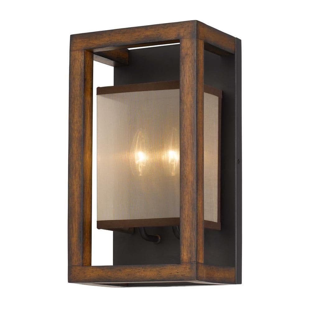 image-40W X 2 Rubber Wood Wall Sconce With Organza Shade (Edison Bulbs Not Included)