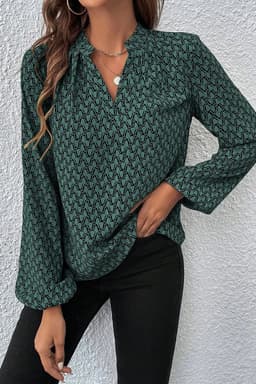 image-Geometric Print Notched Neck Puff Sleeve Blouse - Khaki