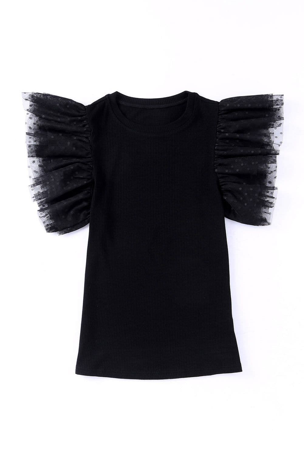 image-Dotty Mesh Ruffle Sleeve Ribbed Knit Top - Black