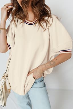 image-Beige Contrast Varsity Striped Neckline Cuffed Short Sleeve Loose Tunic Top